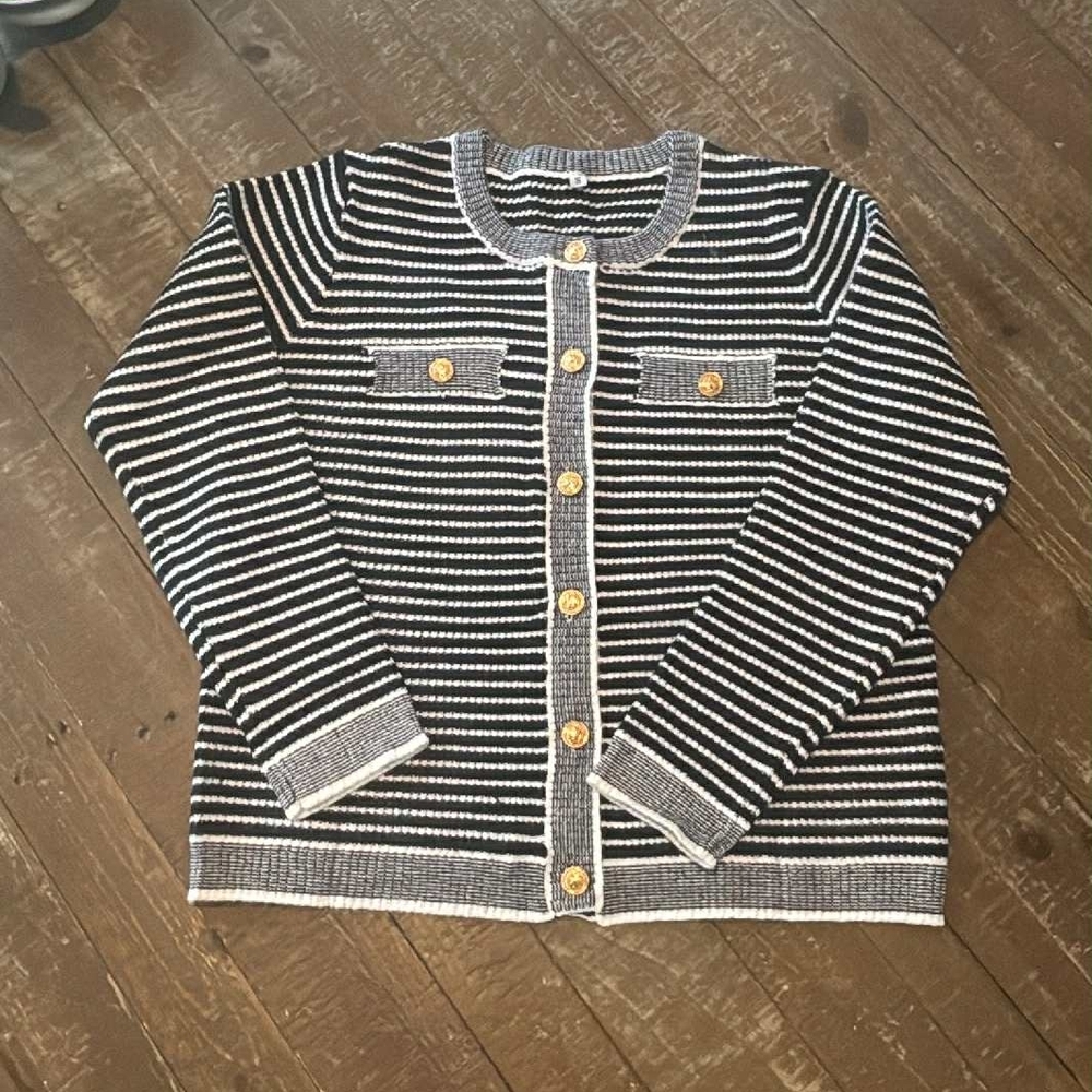 Striped Black and White Cardigan Office Professional